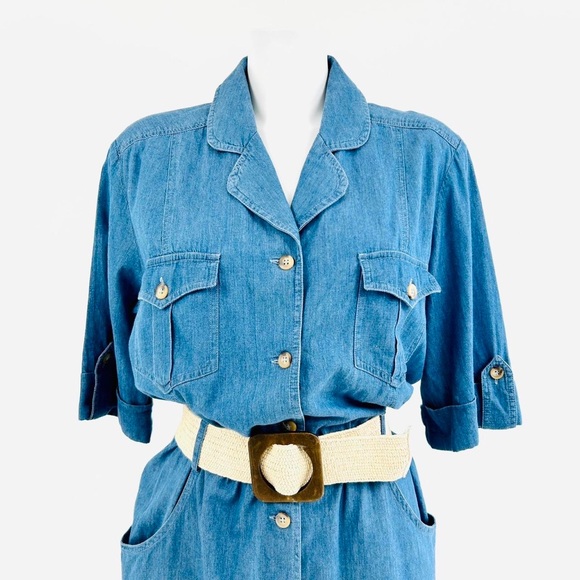 Vintage 80s 90s denim shirt dress UK 12 button up Knee length chambray cotton - Picture 2 of 7